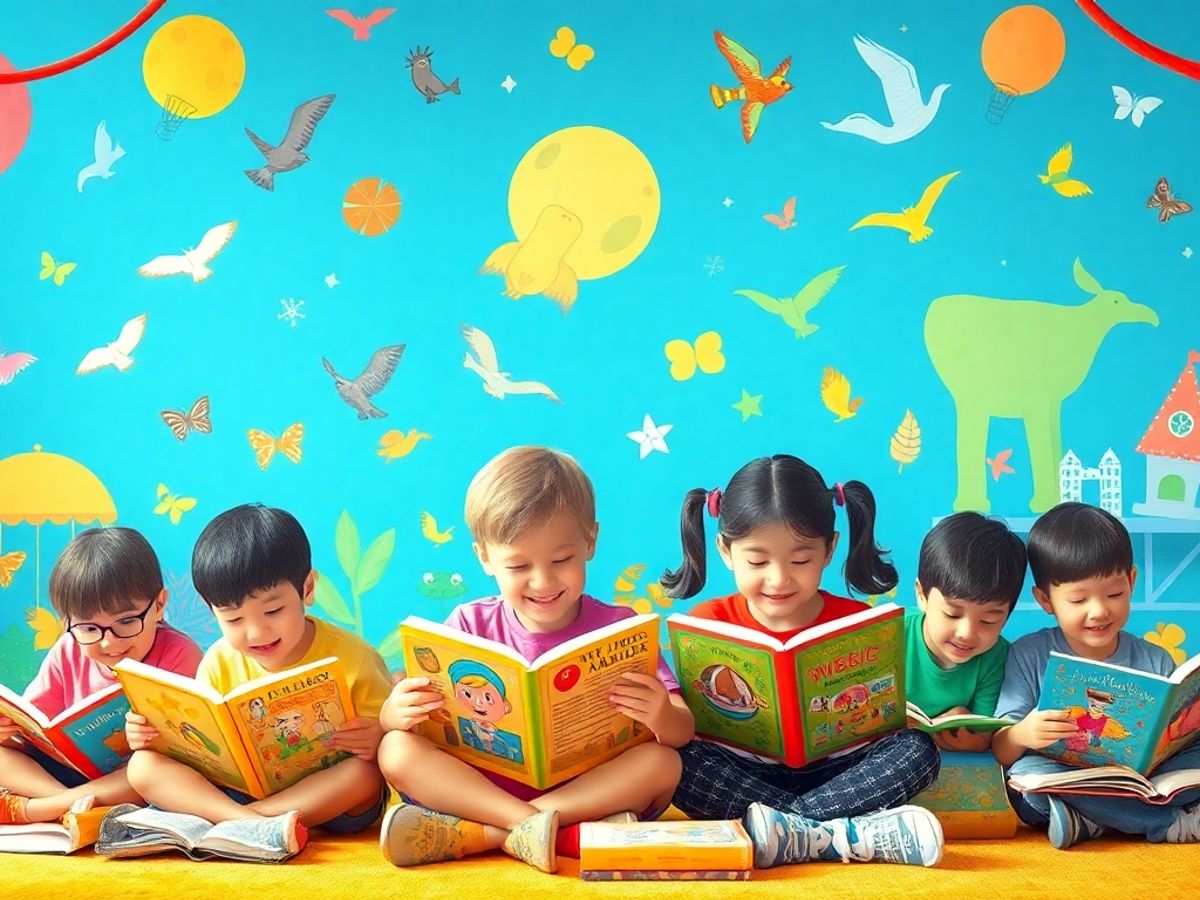 Copii citind cărți într-un mediu colorat și vesel.