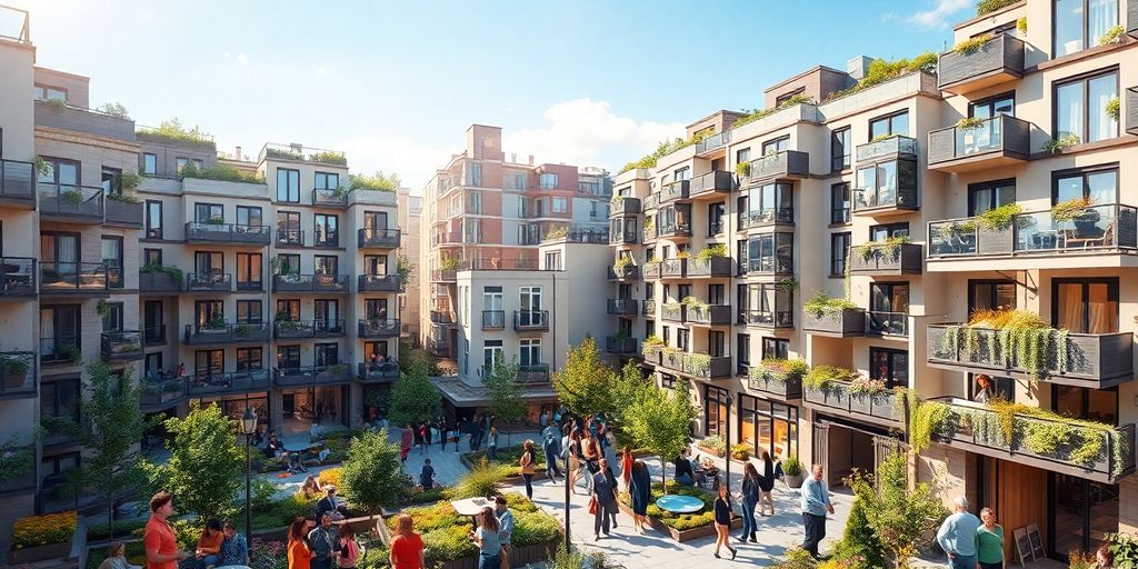 Modern city with welcoming housing and green spaces.