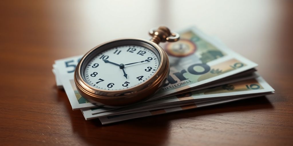 Montre et argent sur table en bois