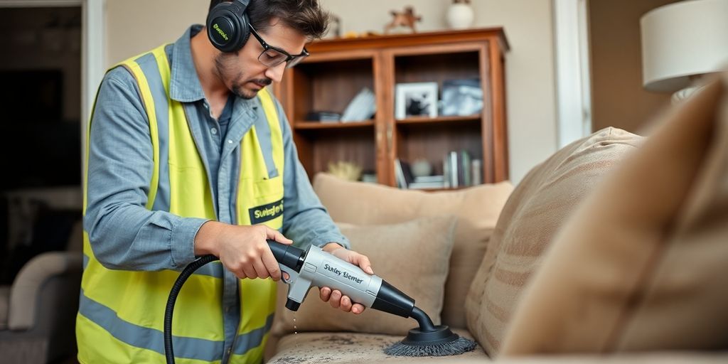 Stanley Steemer technician restoring fire-damaged furniture.