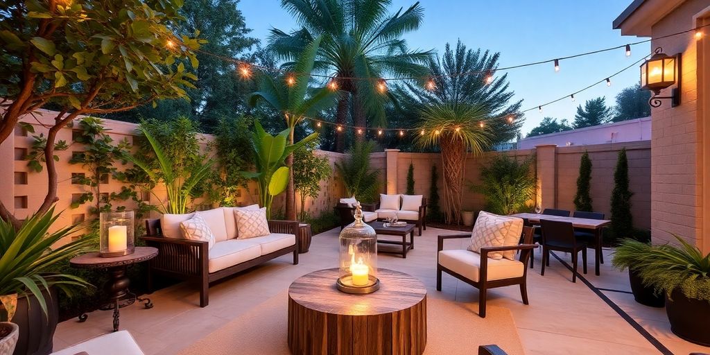 Elegant outdoor living space with lush greenery and furniture.