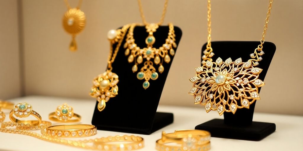 Bijoux en or exposés sur un fond neutre.