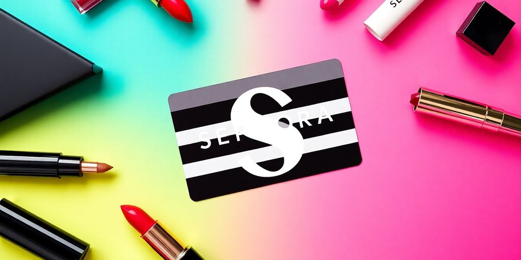 Sephora gift card with beauty products on colorful background.