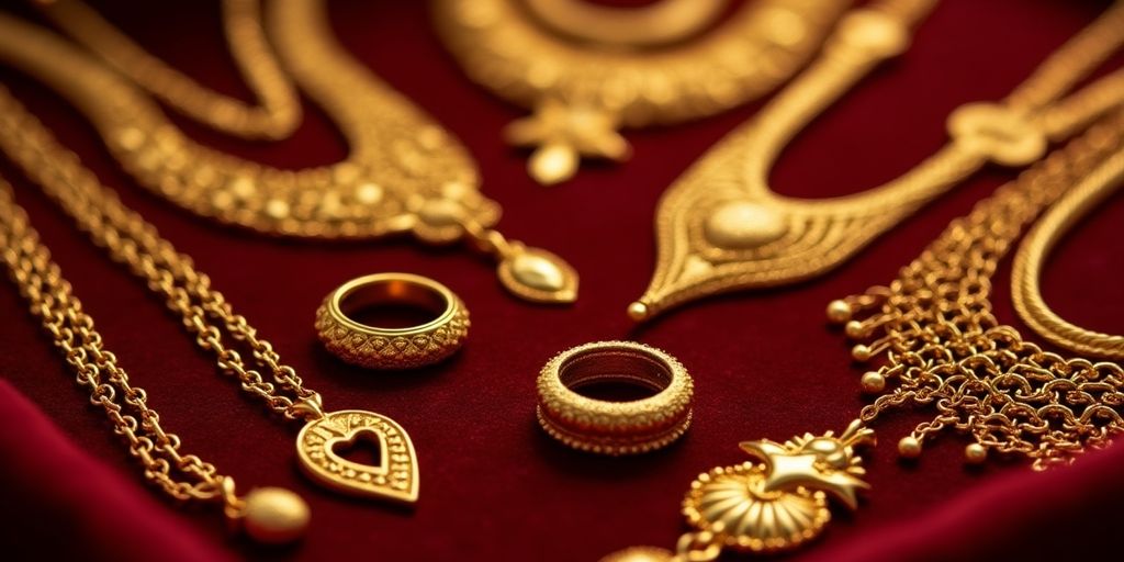 Bijoux en or sur un tissu en velours.