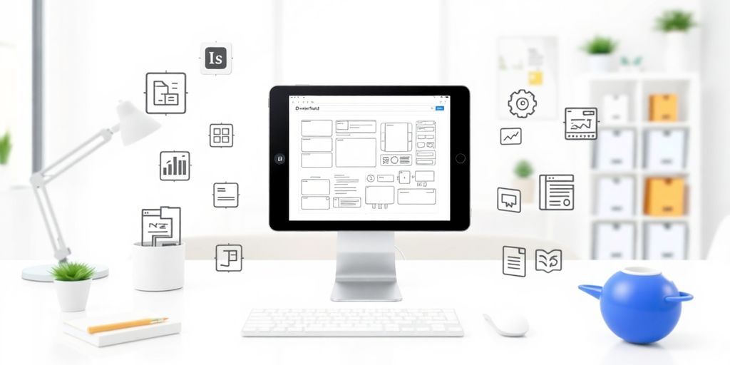 Digital workspace with design tools and a tablet.