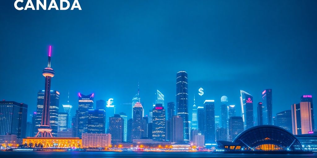 Futuristic skyline with digital currency symbols at night.