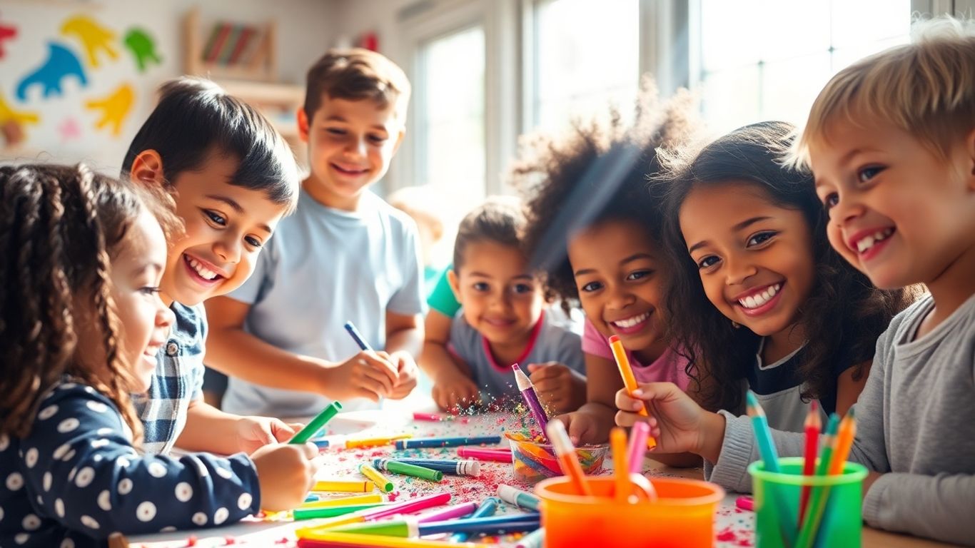Children happily creating art with colorful supplies.