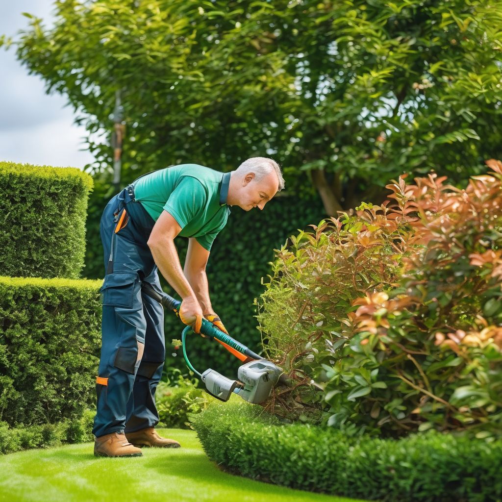 professional gardener trimming hedges with advanced tools in a well-maintained garden