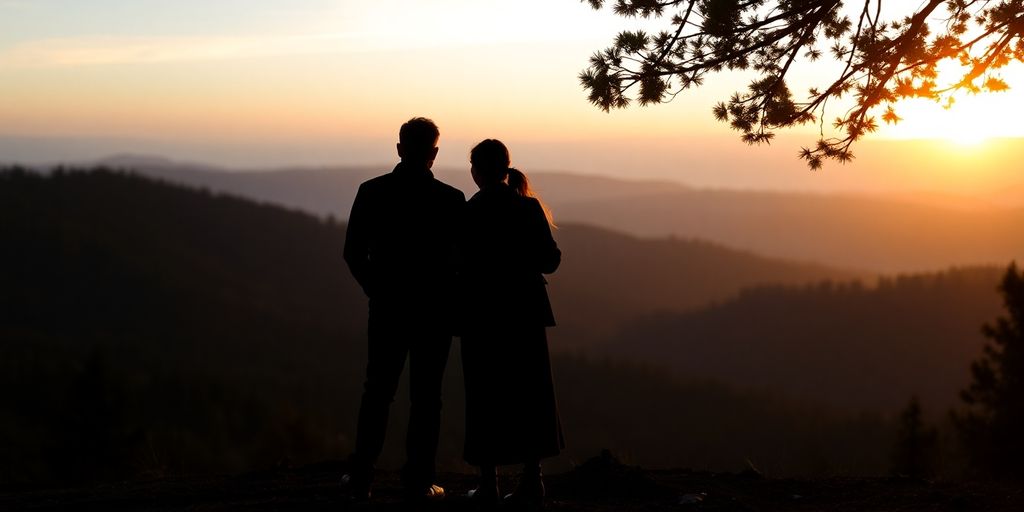 Silhouettes of figures against a warm sunrise backdrop.
