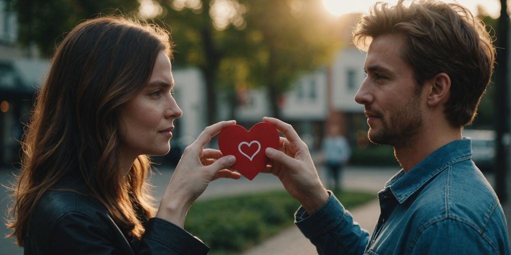 Two people talking with a heart symbol between them.