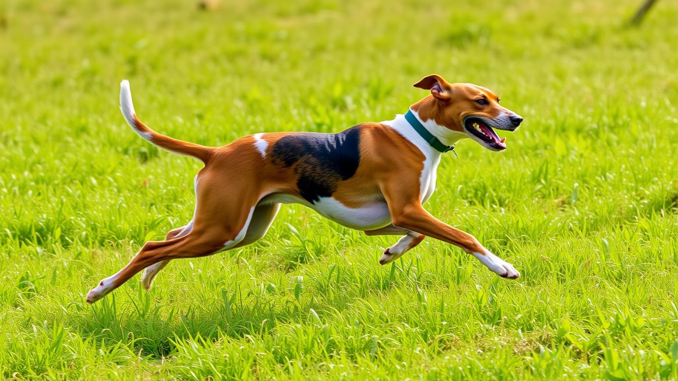 American Foxhound running in a green field.
