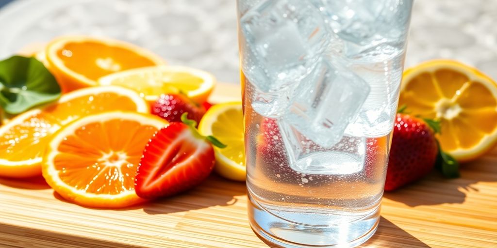 Refreshing water glass and vibrant fruits.