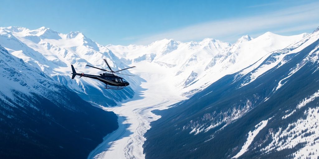 A Maverick helicopter flies over a snowy Alaskan mountain glacier.