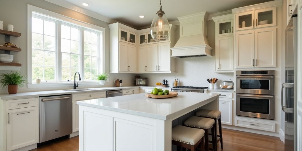 Modern renovated kitchen with natural light and elegant design.
