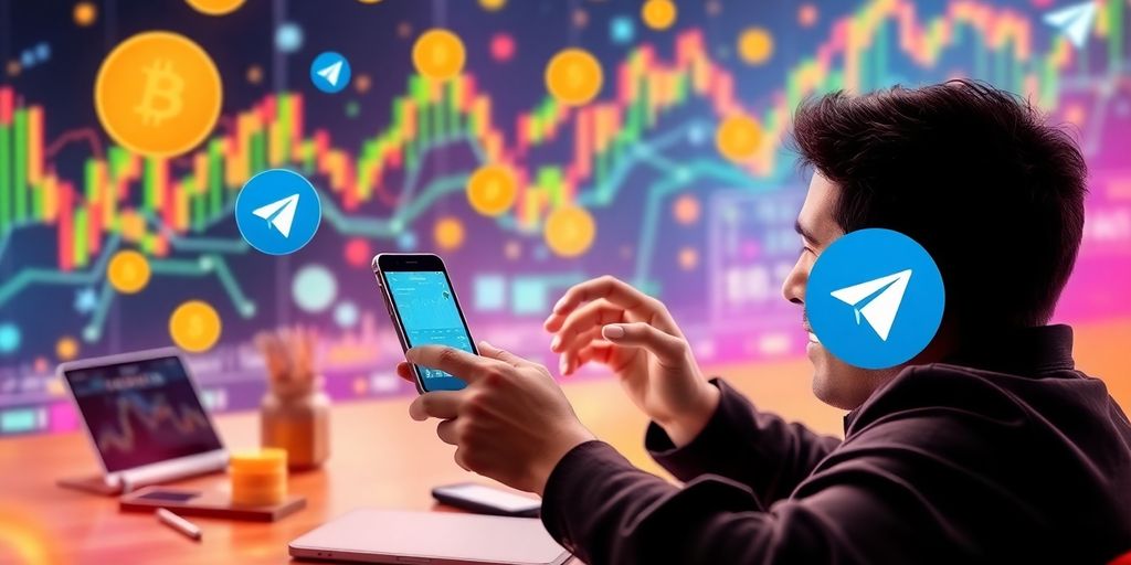Person trading on smartphone with financial symbols around.