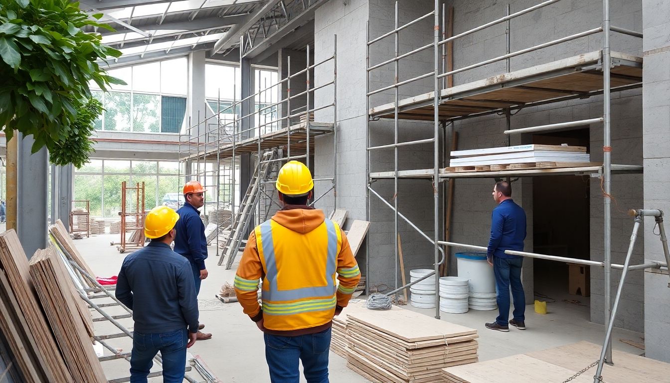 Construction workers at a refurbishment site with scaffolding.