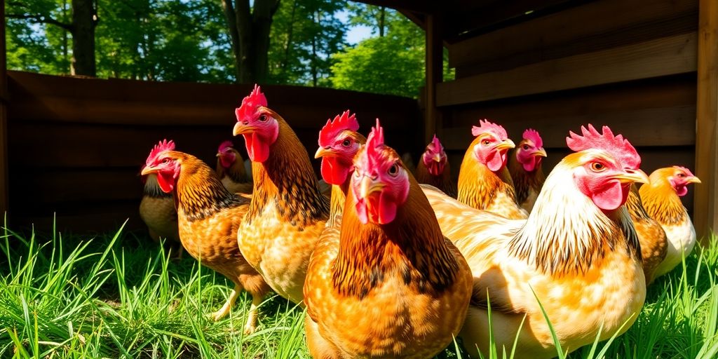 Happy chickens in a sunny backyard coop.