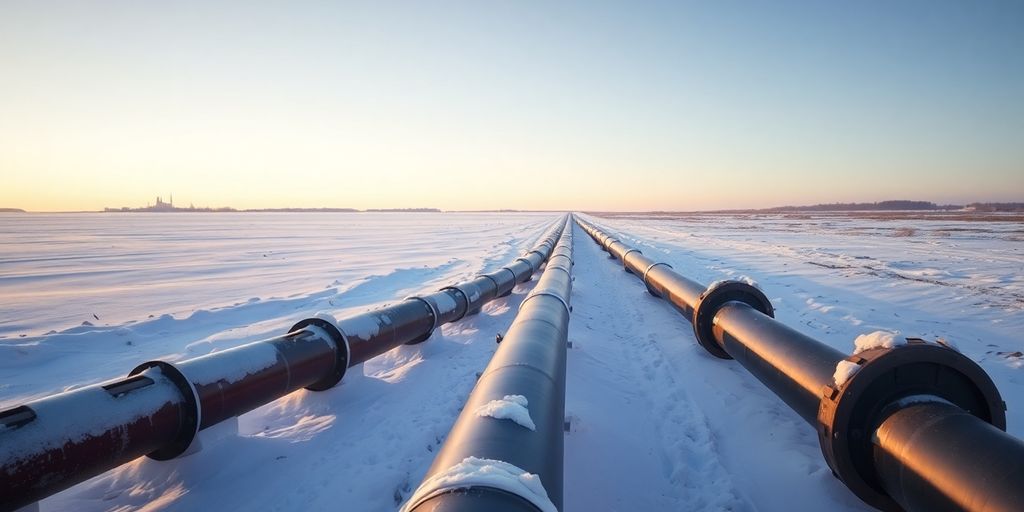 Gas pipelines in a snowy landscape, highlighting halted flow.