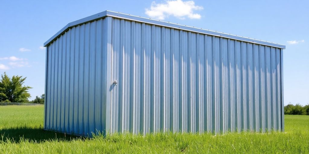 Durable metal shed under a bright Texas sun.