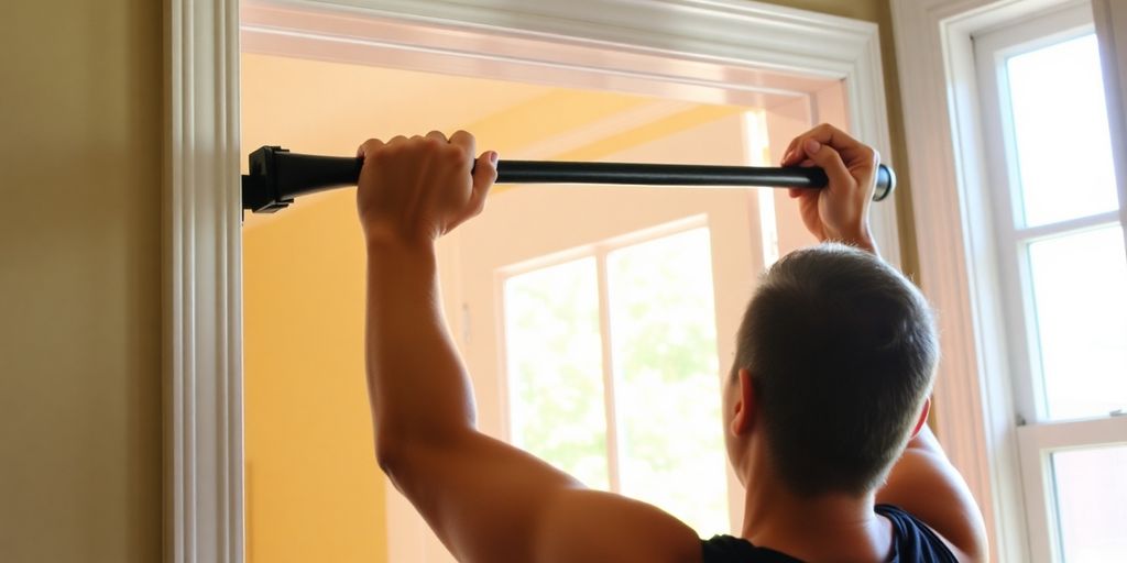 Person using a doorway pull-up bar for exercise.