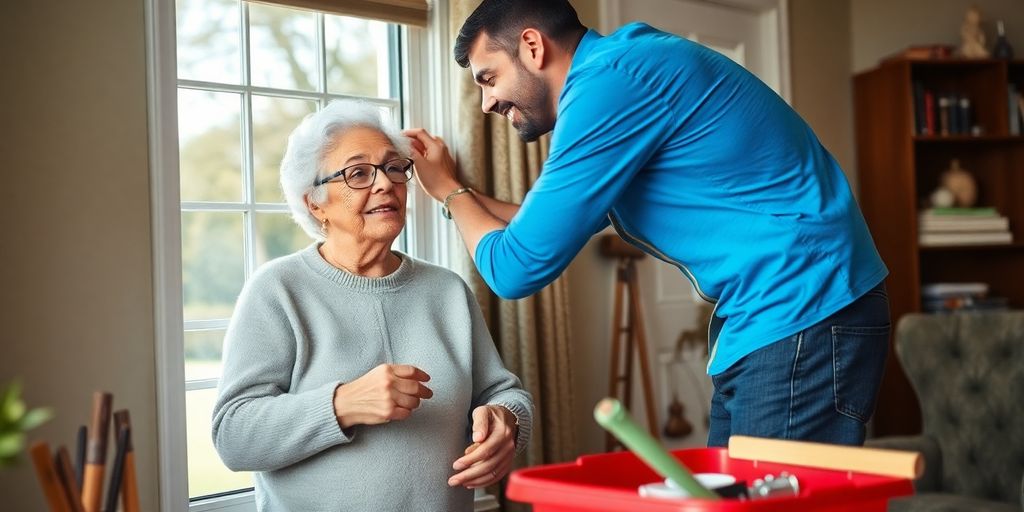 Senior receiving home repair assistance from a volunteer.