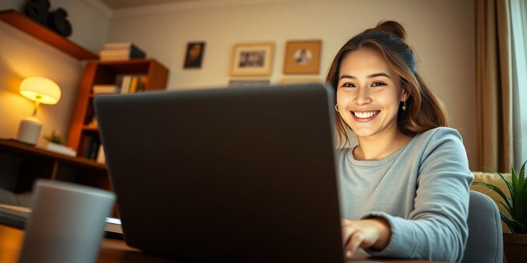 Femme souriante utilisant Pinterest sur ordinateur portable