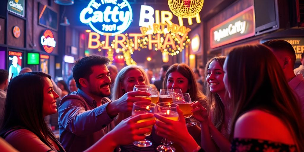 Group of friends celebrating a birthday in Cardiff's nightlife.