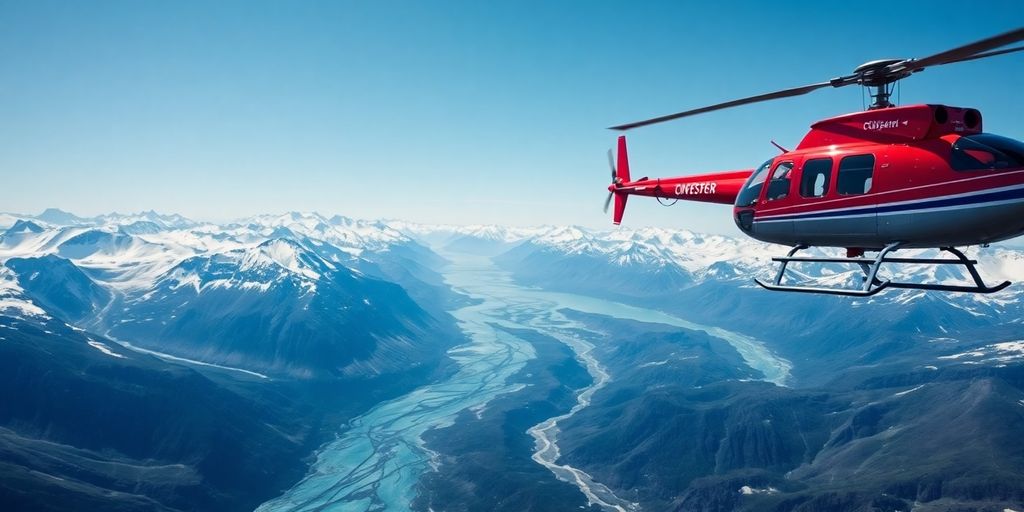 A helicopter flies over a vast Alaskan glacier and mountains.