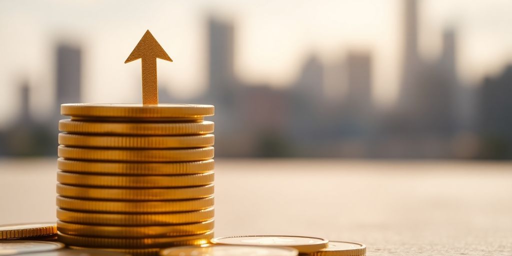 Golden coin stack, rising arrow, city skyline.