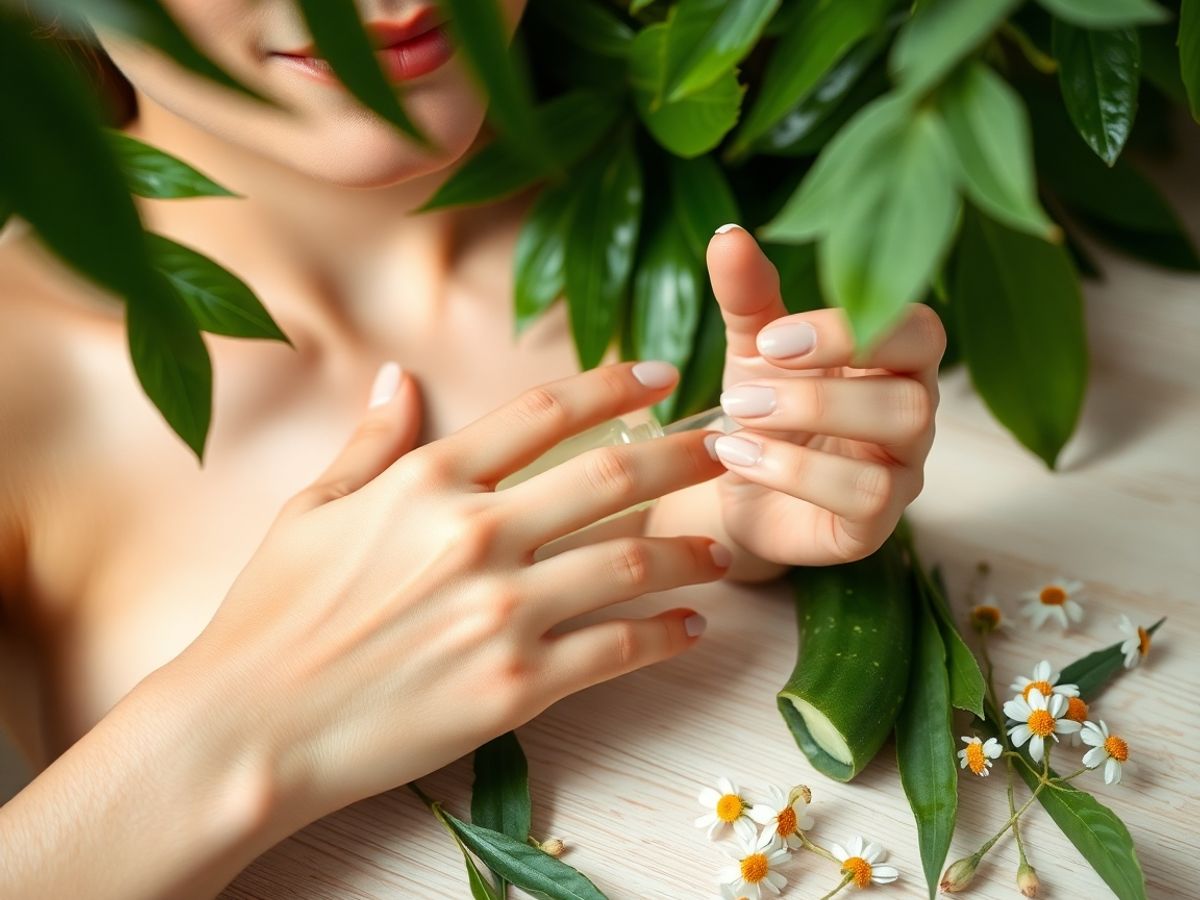 Tânără aplicând ser cu pipetă lângă plante și felii castravete