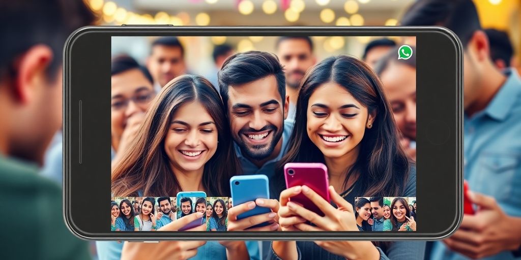 WhatsApp interface with colorful camera effects and users smiling.