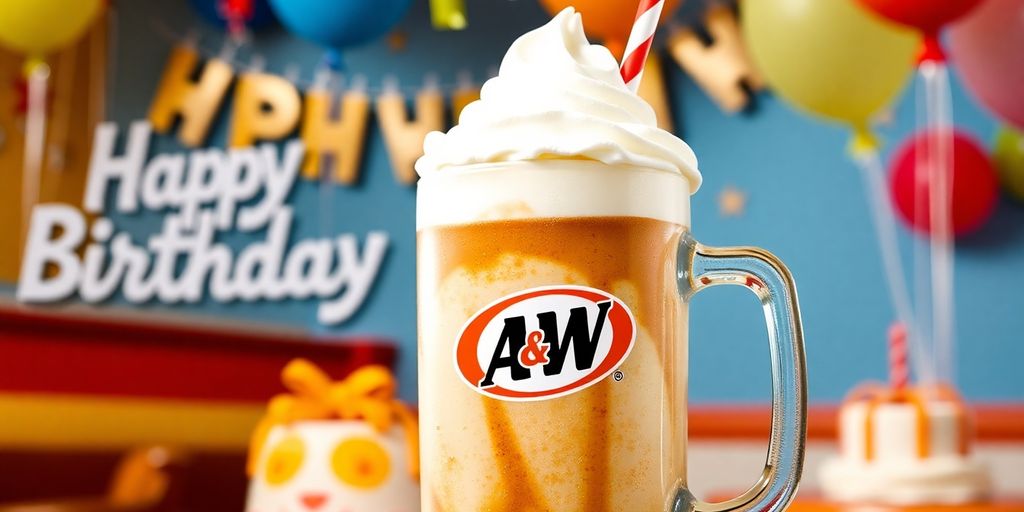 A&W root beer float with festive birthday decorations.