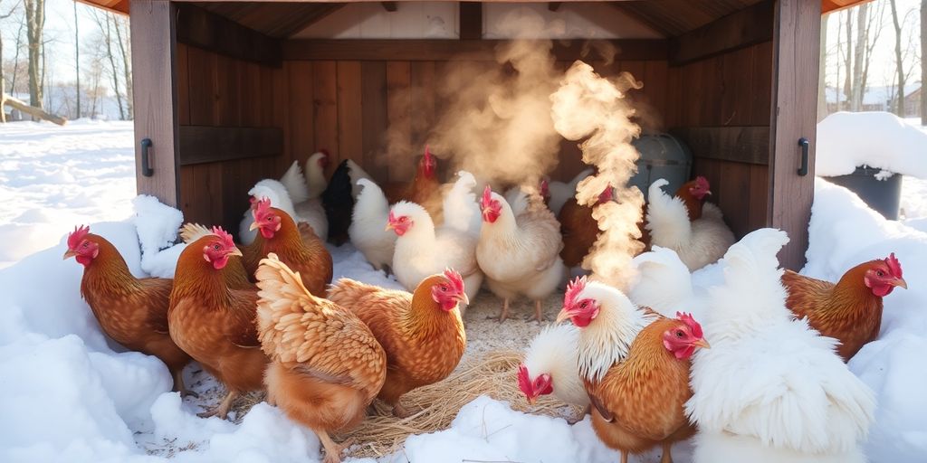 Chickens in a snow-covered coop during winter.