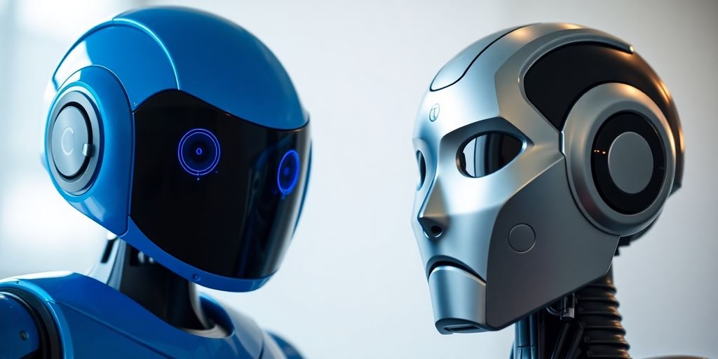 Two modern AI robots, one blue and one silver.