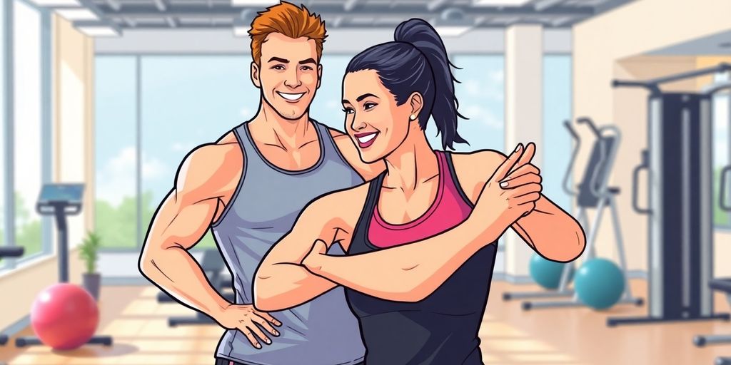 Fitness coach smiling, helping client stretch.