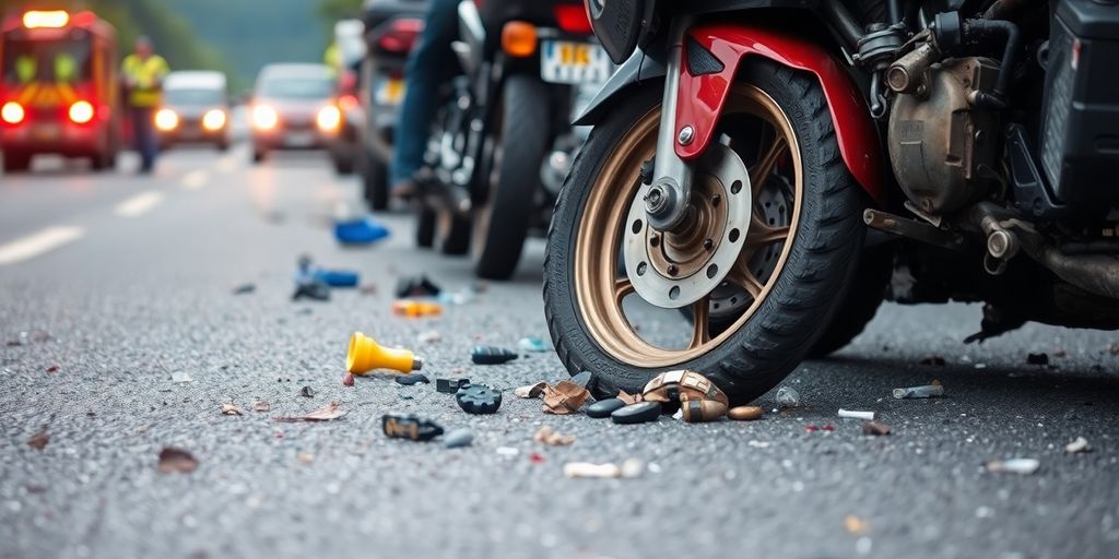 Motorcycle accident scene with damaged vehicles and responders.