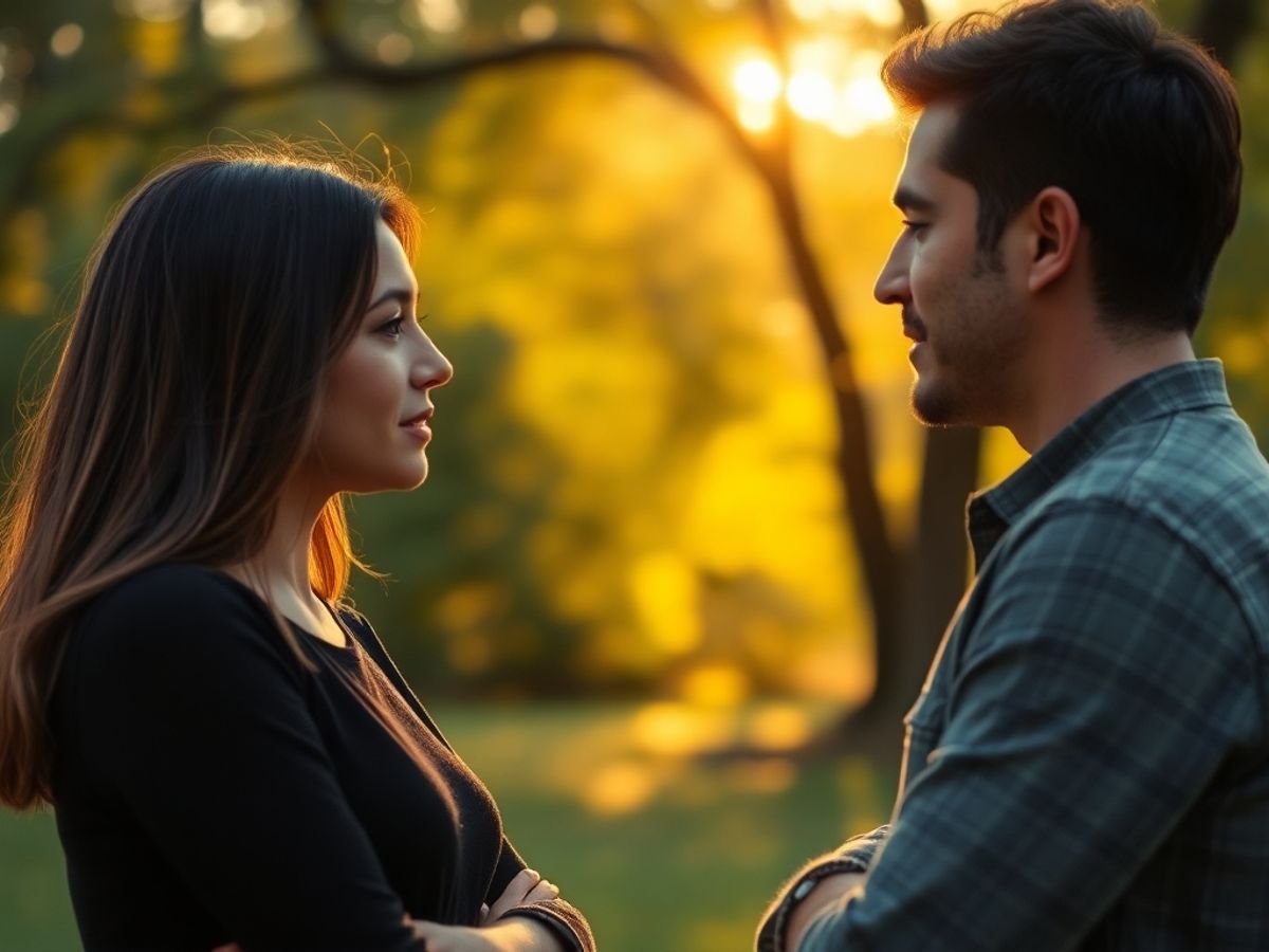 Două persoane discutând într-un peisaj liniștit.