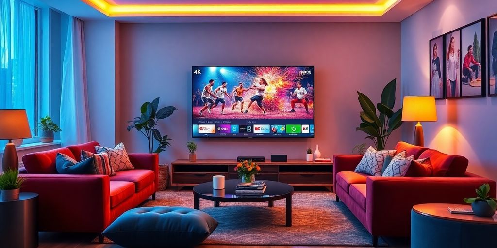 Cozy living room with a large 4K TV.