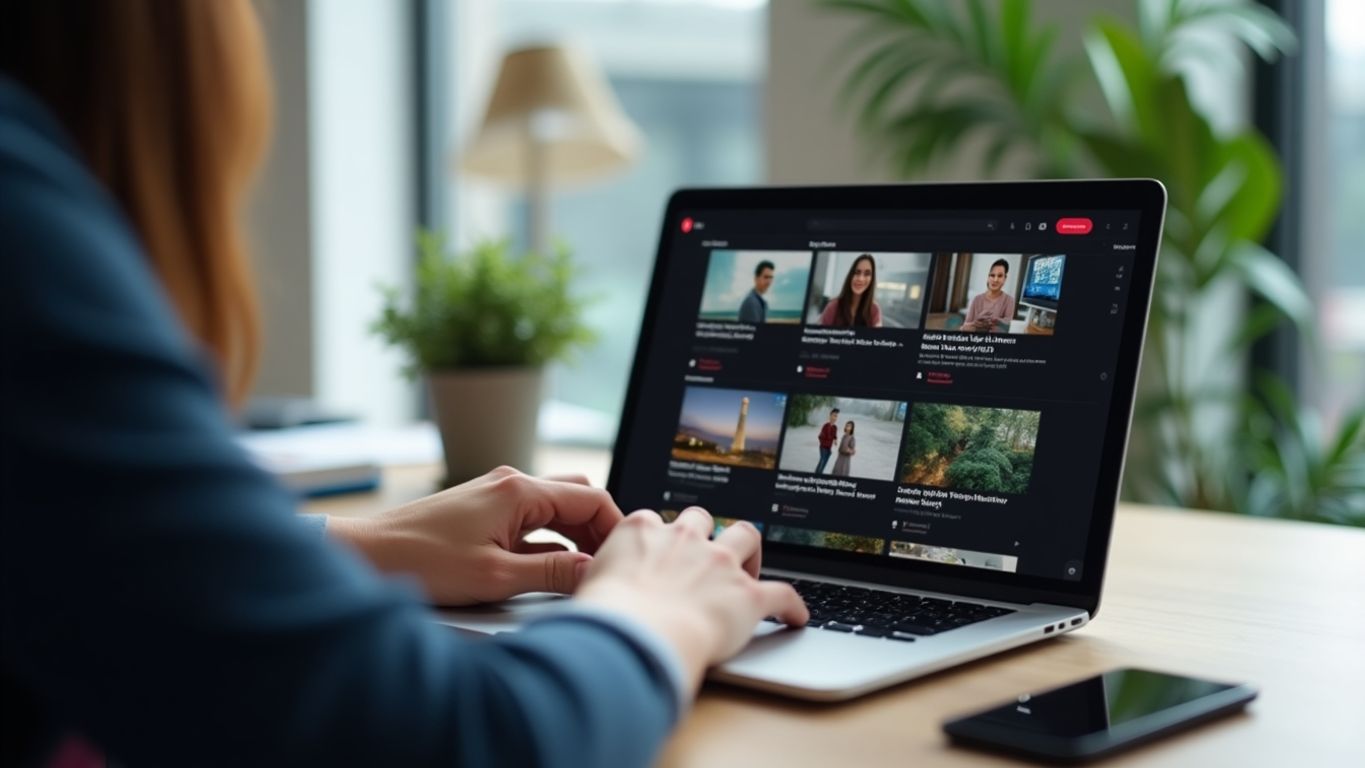 Person using laptop to analyze video credits.