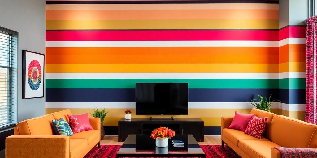 Bold striped wallpaper in a modern living room.