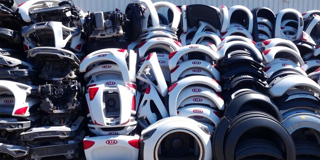Stacks of Kia car parts in a scrapyard.
