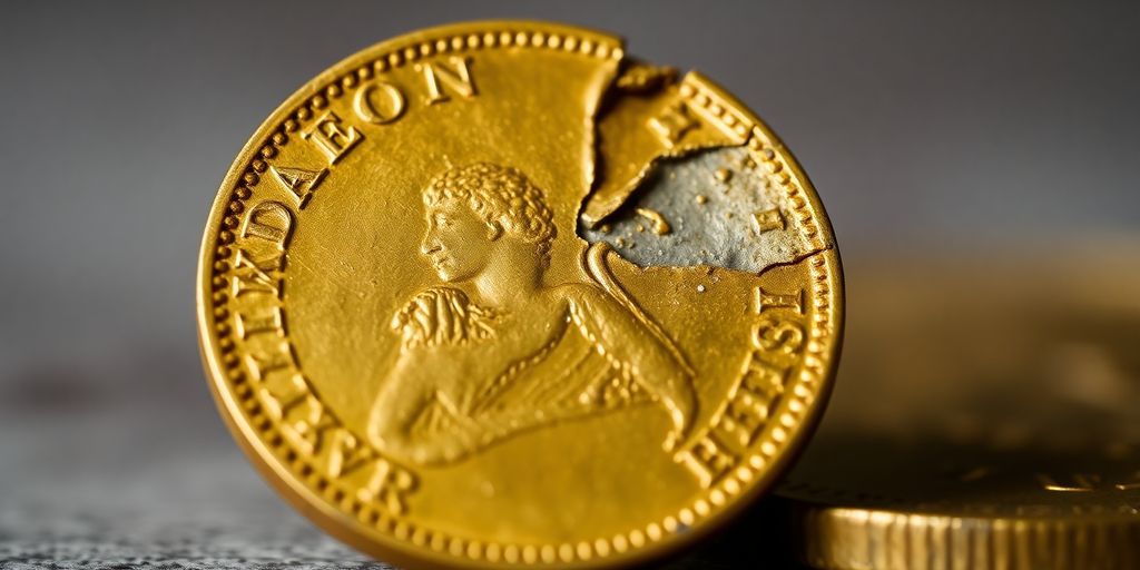 Pièce de monnaie Napoléon en or endommagée.