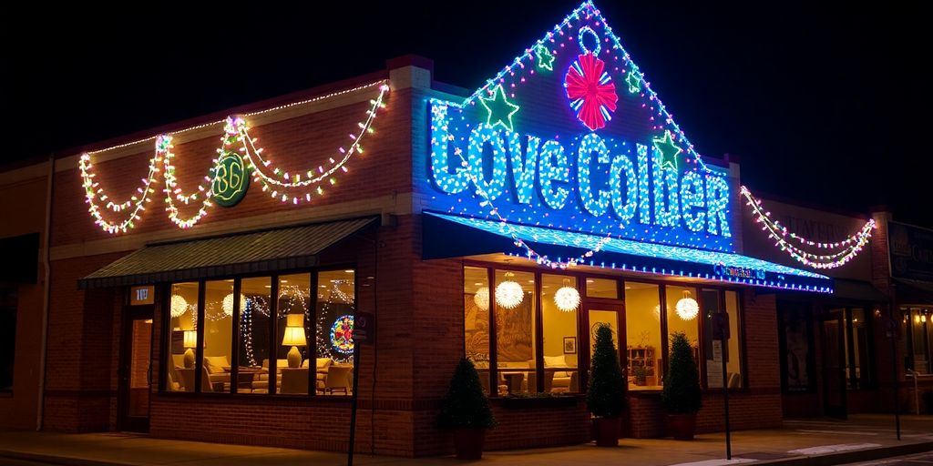 Creve Coeur building decorated with bright Christmas lights.