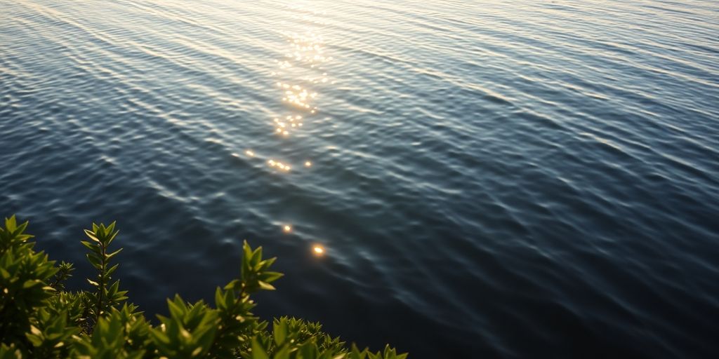 Tranquil lake with gentle waves and lush green foliage.