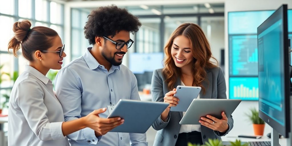 Professionals collaborating in a modern, tech-savvy office.