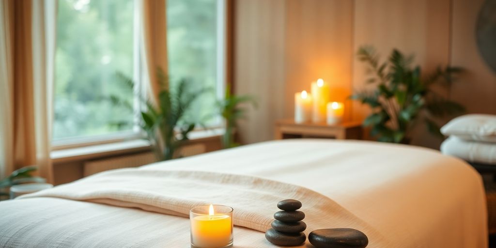 Tranquil massage setup with candles and soothing elements.