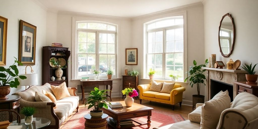Restored living room with vintage furniture and natural light.