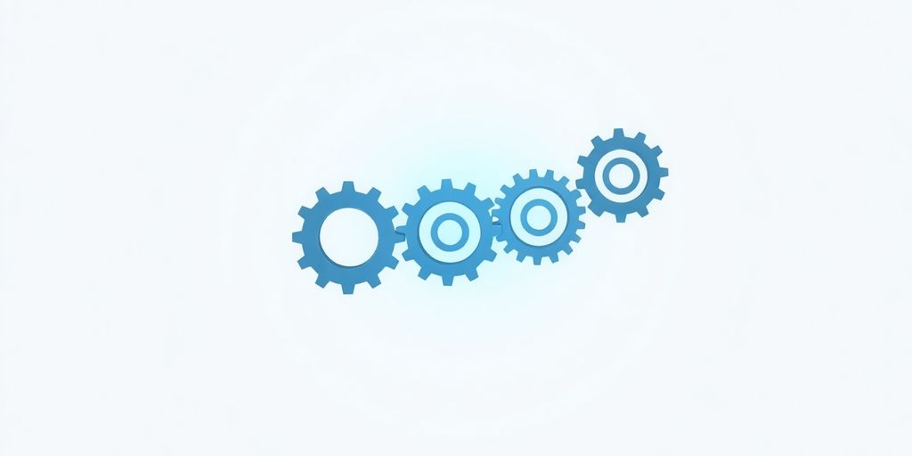 Minimalist gears connecting, light blue glow.
