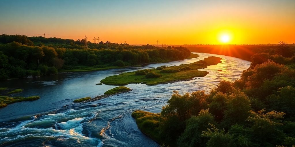 Scenic landscape with river and greenery at sunset.
