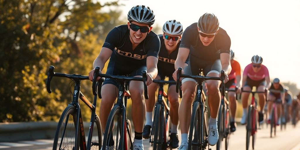 Cyclists riding closely together on a sunlit road.